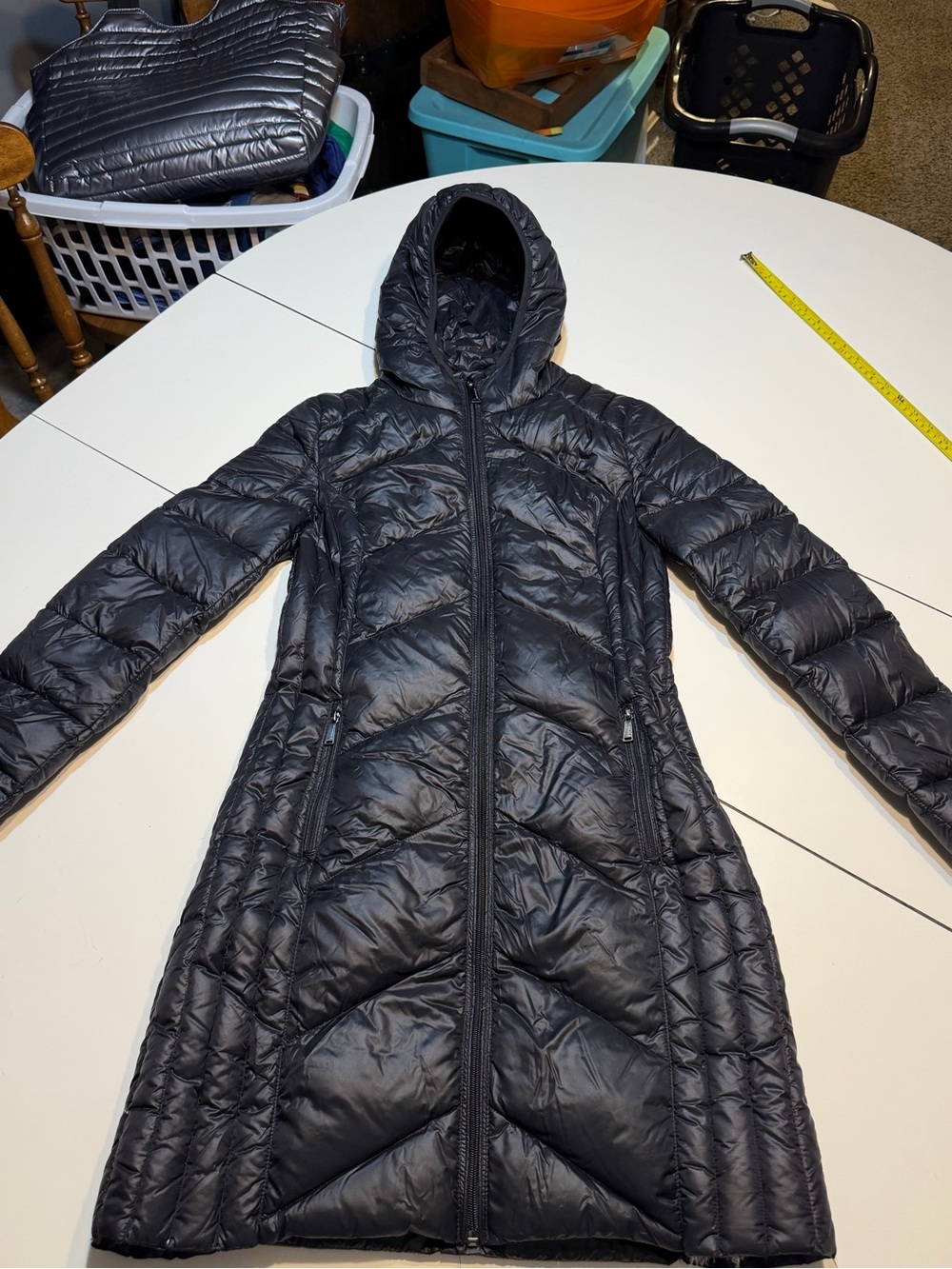 BCBGeneration XS black lightweight packable down puffer coat attached hood